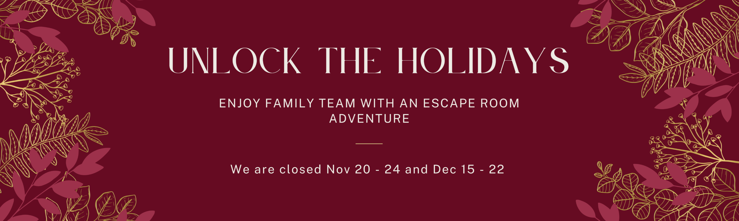Holiday Hours - closed Nov 20-24 and Dec 15-22